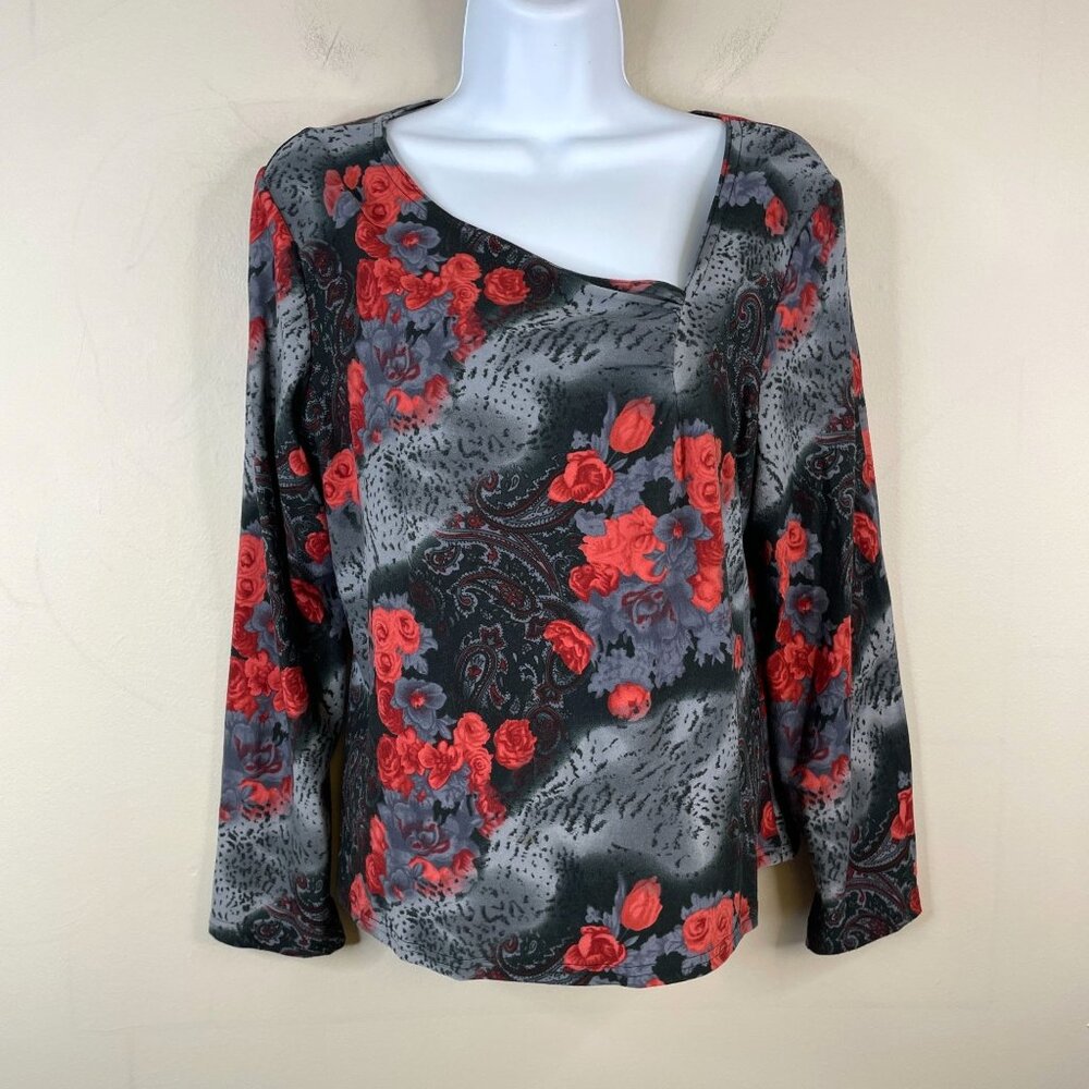 Vintage 90s Whimsigoth Floral Top Large Asymmetrical Dark Rose Art To Wear Indie